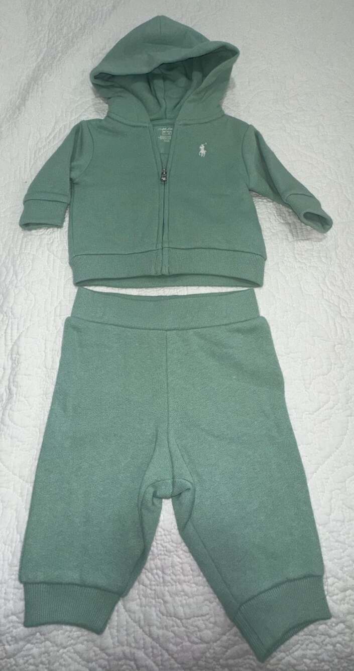 Ralph Lauren Baby Boys Green French Terry Full-Zip Hoodie and Pant Set 3M